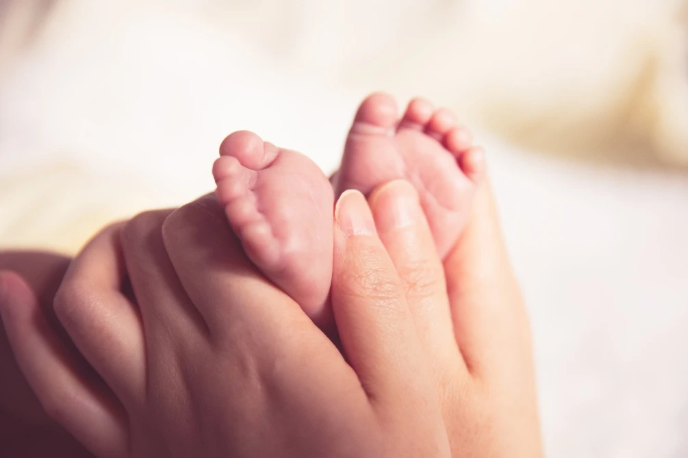 réflexologie et santé articulaire 2 mains adultes massent deux pieds de bébé